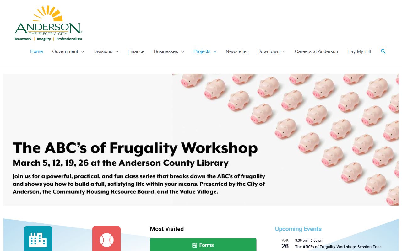 Anderson city homepage showing city departments and services