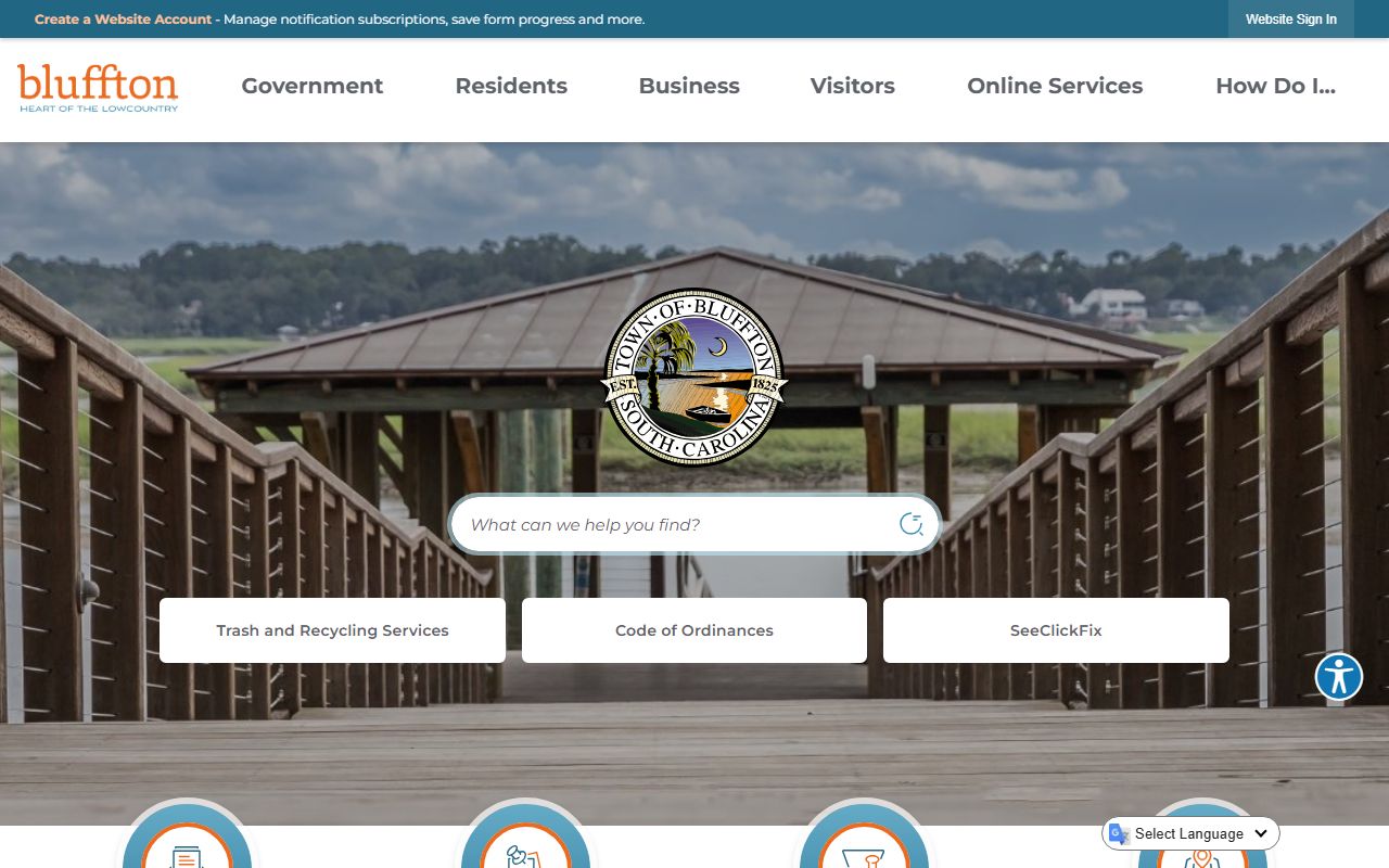 Bluffton town homepage with police and public safety links for jail roster searches