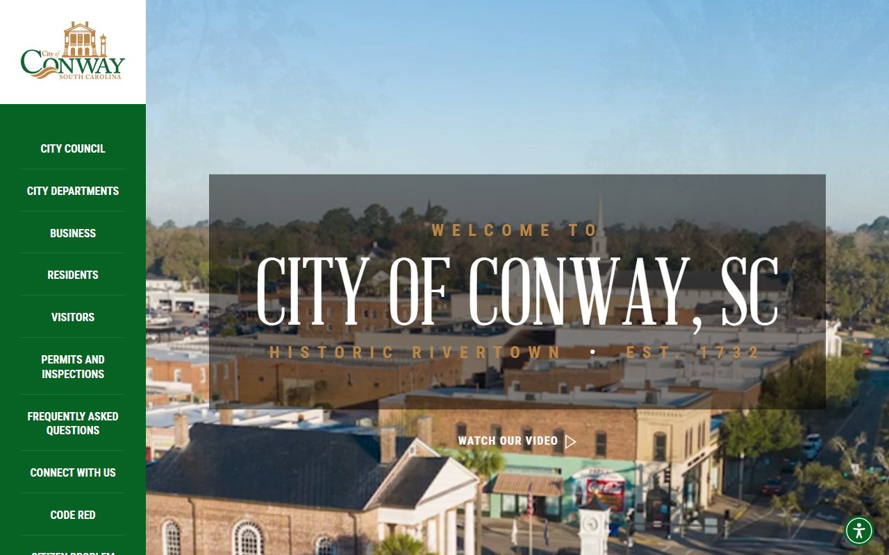 Conway city homepage with links to police and government services