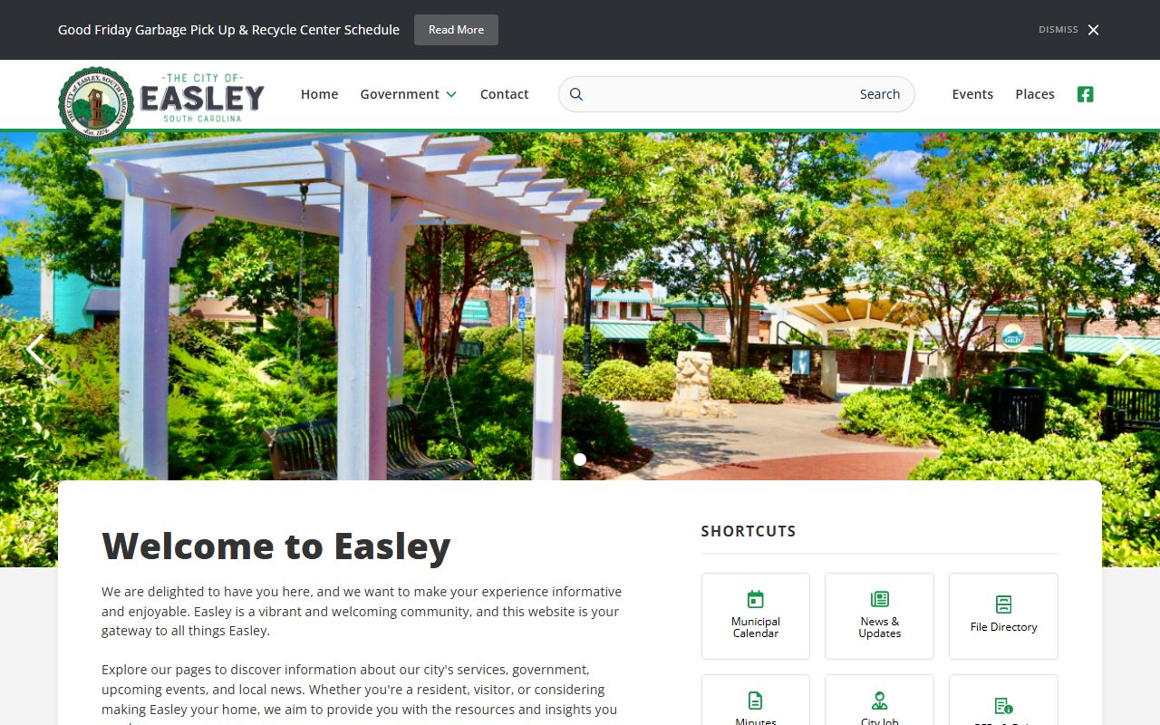 Easley city homepage with department information and services