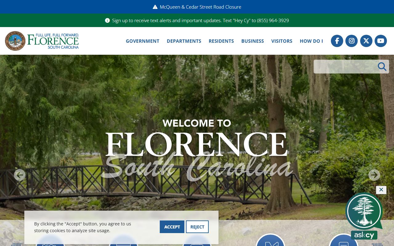 Florence city homepage with police department and municipal services
