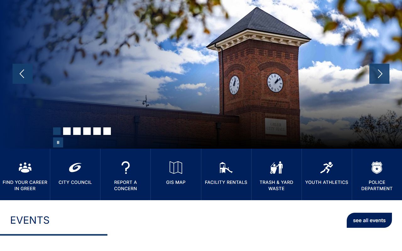 Greer city homepage with police department and municipal services