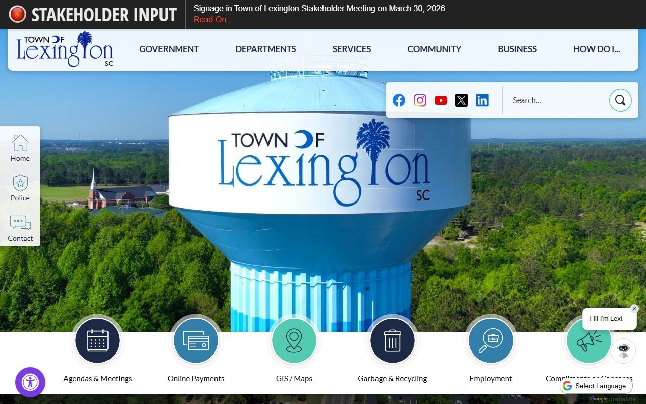 Lexington town homepage showing local government departments