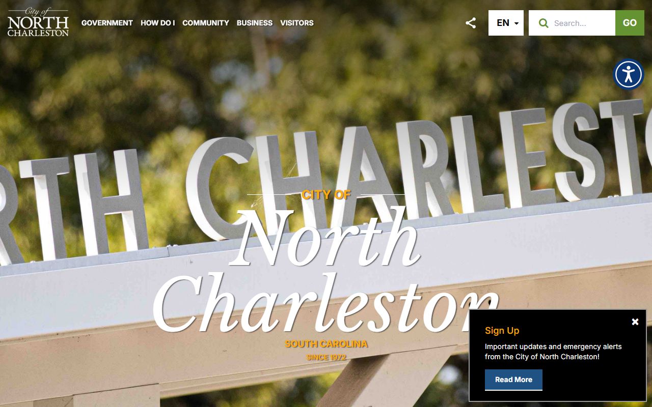 North Charleston city homepage with links to police and court services