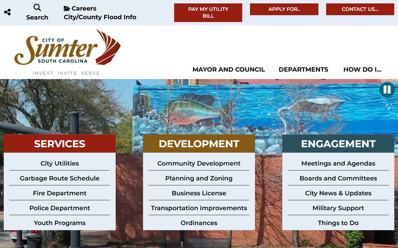 Sumter city homepage with links to police and municipal services