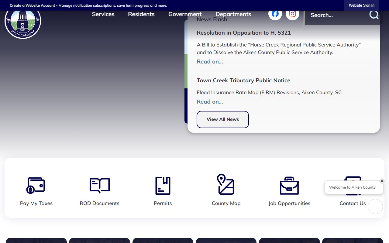 Aiken County government homepage with links to public services