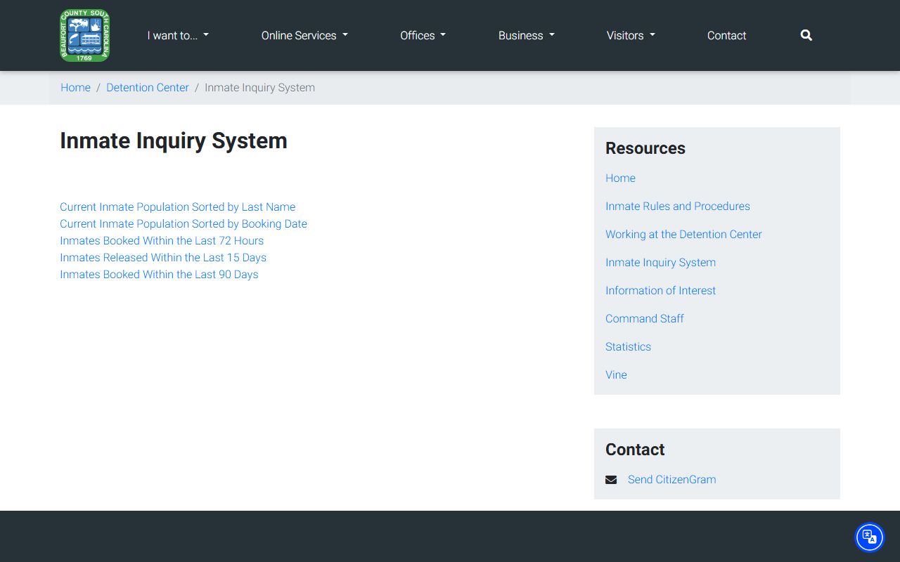 Beaufort County jail roster inmate inquiry system page