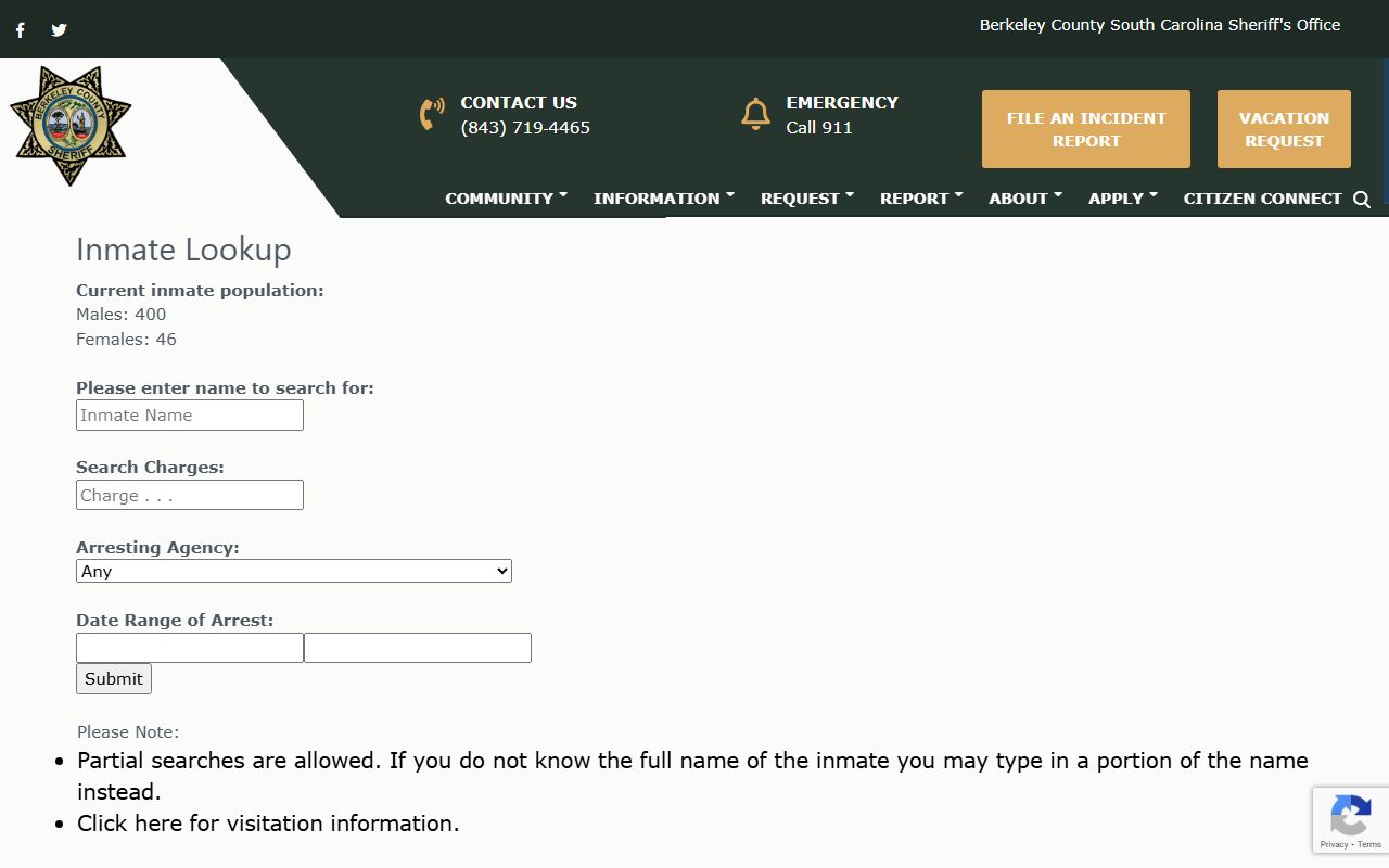 Berkeley County jail roster inmate lookup page