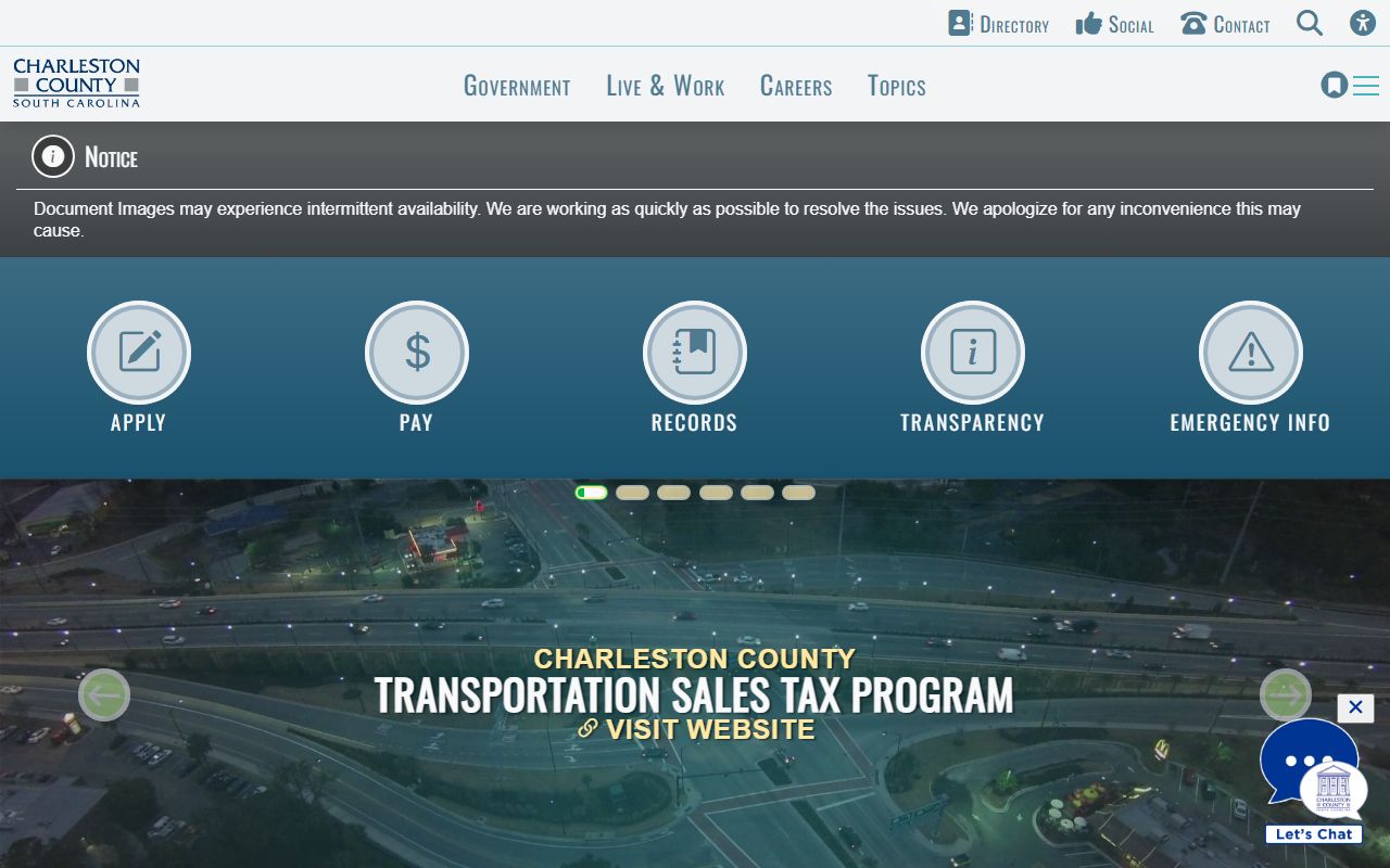 Charleston County government homepage with links to detention and public safety services