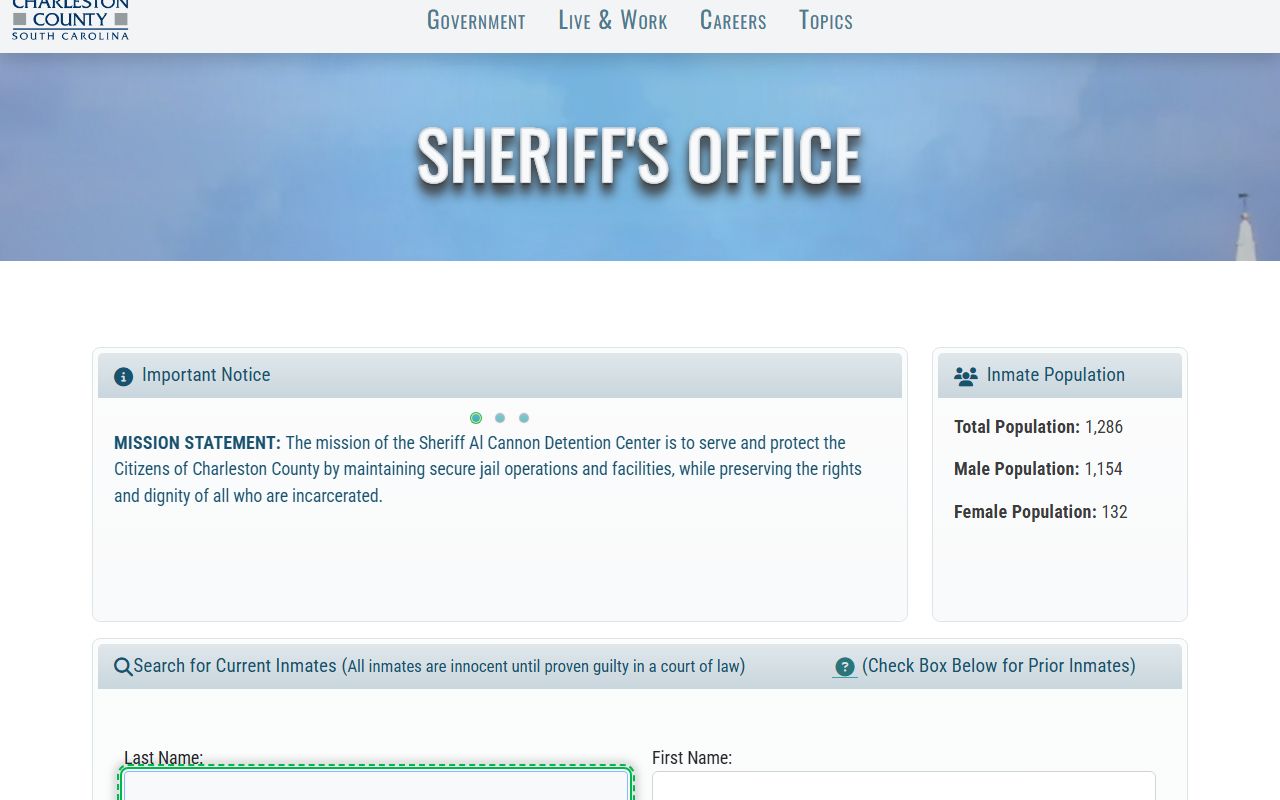 Charleston County inmate search portal for looking up jail roster records