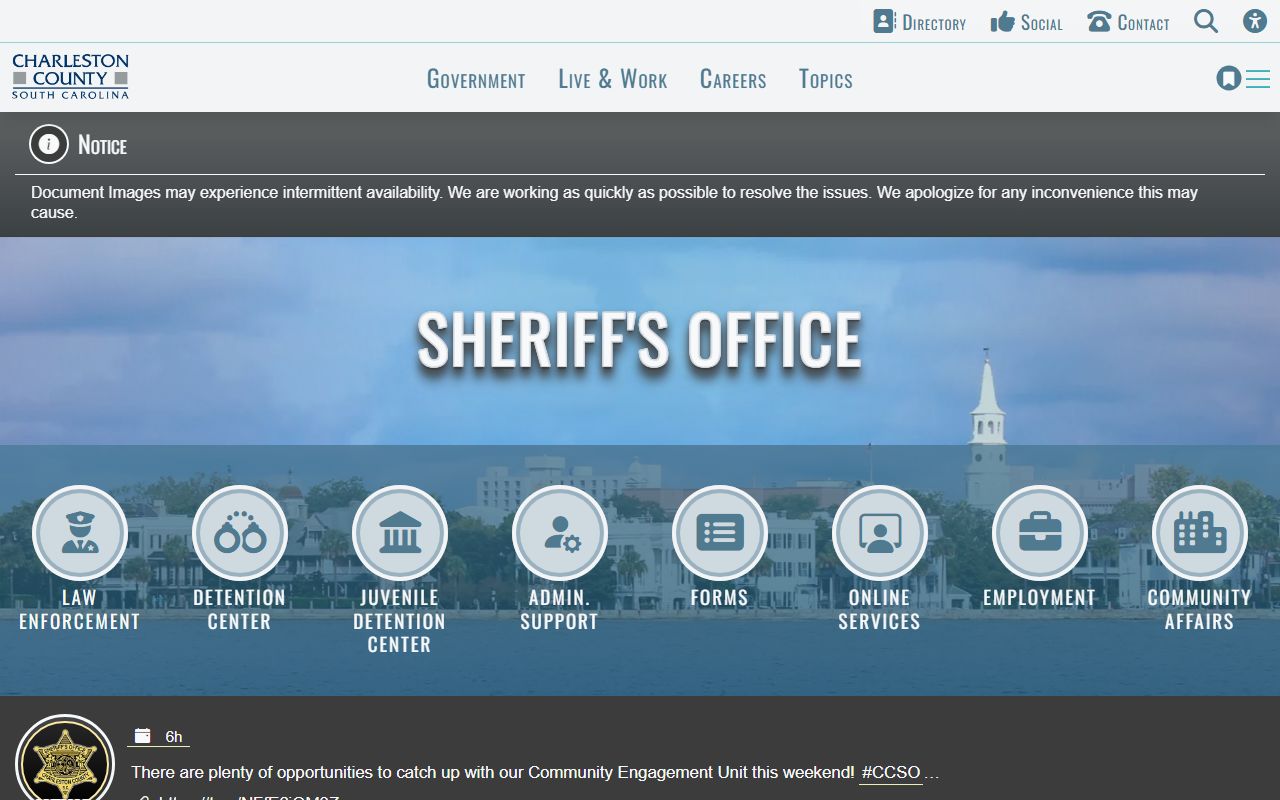 Charleston County Sheriff's Office website with jail roster and detention center information