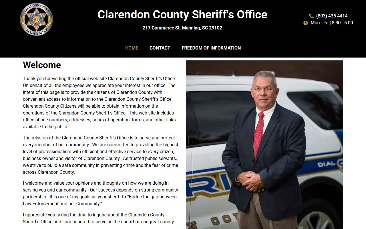 Clarendon County Sheriff's Office website with detention center and jail roster information