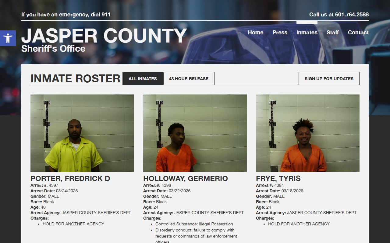 Jasper County jail roster inmate search page