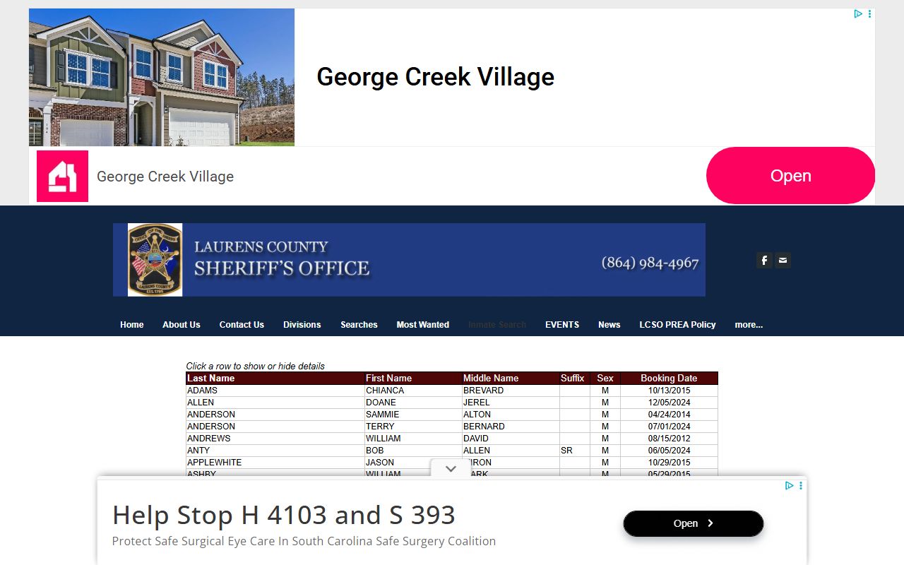 Laurens County jail roster inmate search page