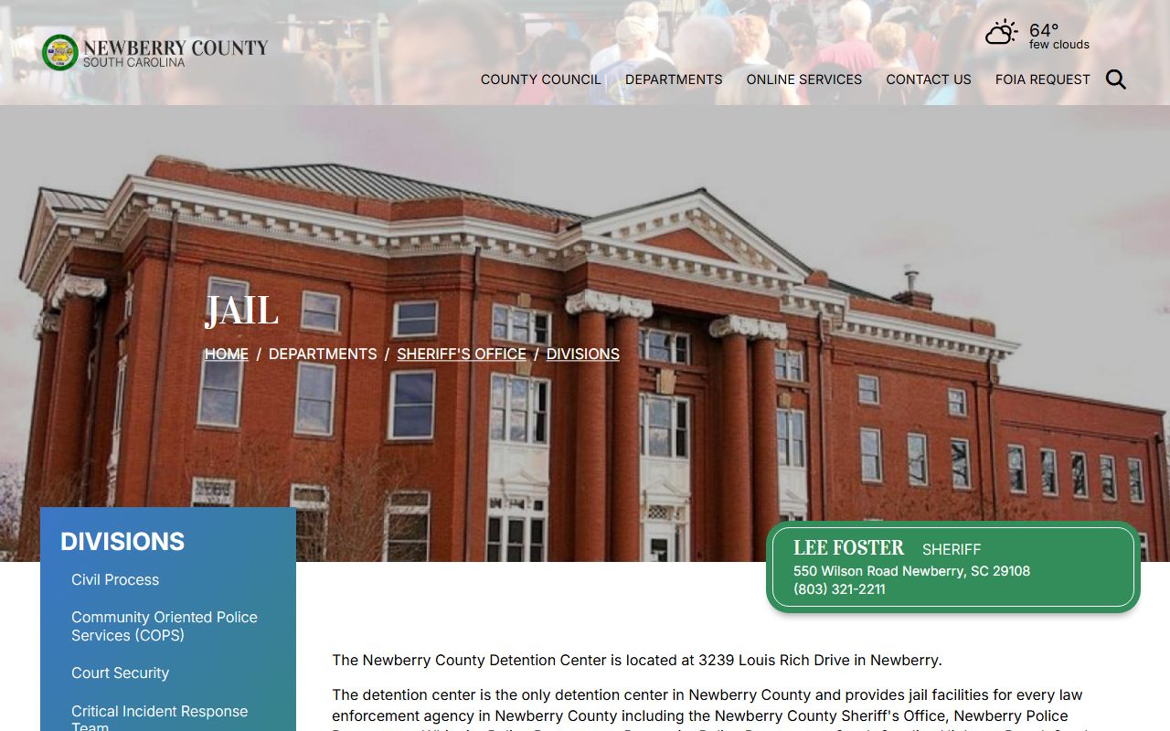 Newberry County jail division page for jail roster search