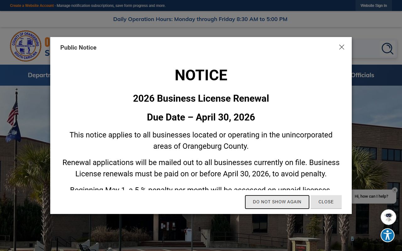 Orangeburg County government homepage for jail roster access