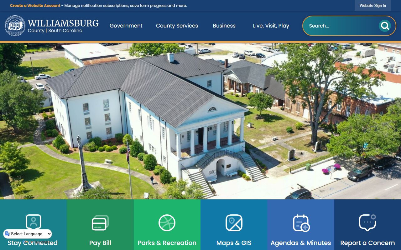 Williamsburg County government homepage with jail roster information