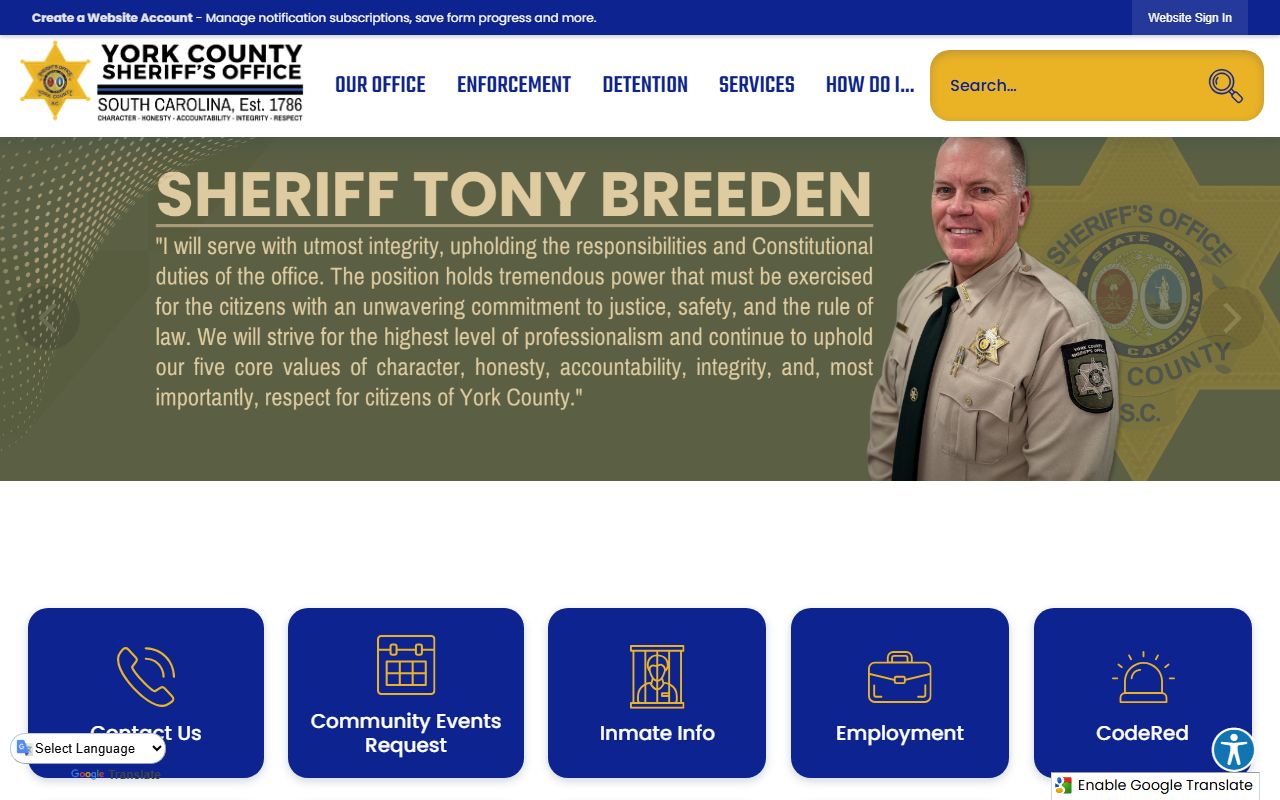 York County Sheriff Office website with inmate search portal