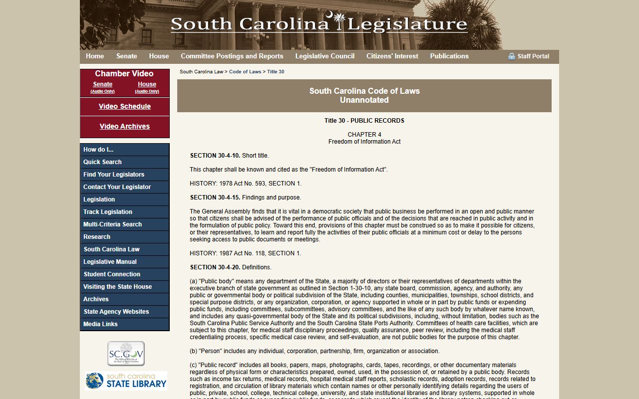 South Carolina FOIA statutes for jail roster records access