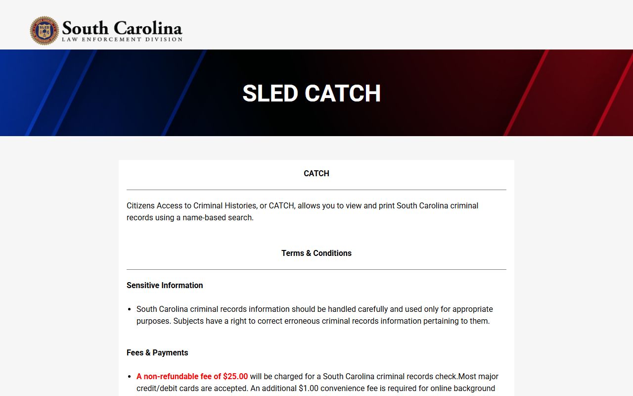 South Carolina SLED CATCH criminal history jail roster search